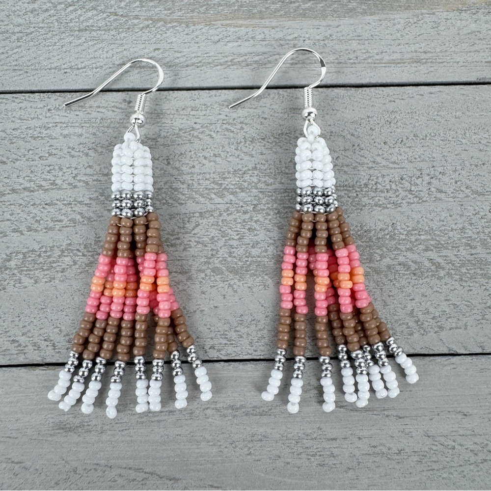 Dyed Gray Pink White Glass Seed Bead‎ Tassel Earrings Dangle Artisan Handmade